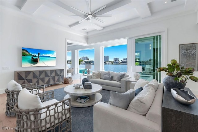 living room featuring hardwood / wood-style flooring, coffered ceiling, and beamed ceiling