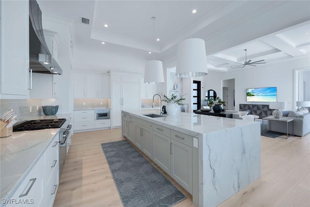 kitchen with white cabinetry, light stone countertops, sink, and a spacious island