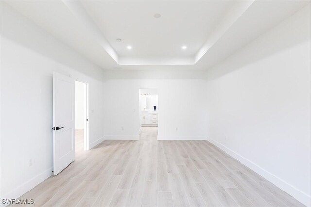 spare room with a raised ceiling and light wood-type flooring