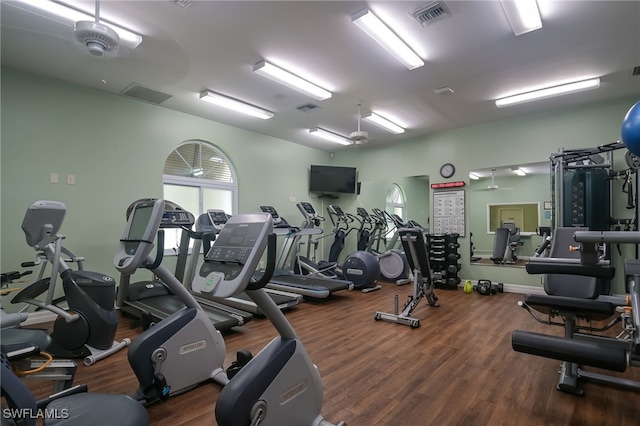 exercise room with dark wood-type flooring