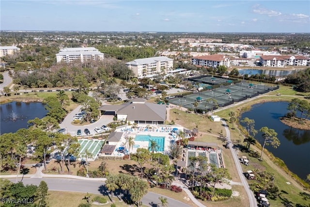 drone / aerial view featuring a water view