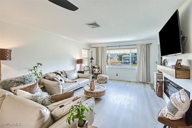 living room featuring crown molding and light hardwood / wood-style flooring