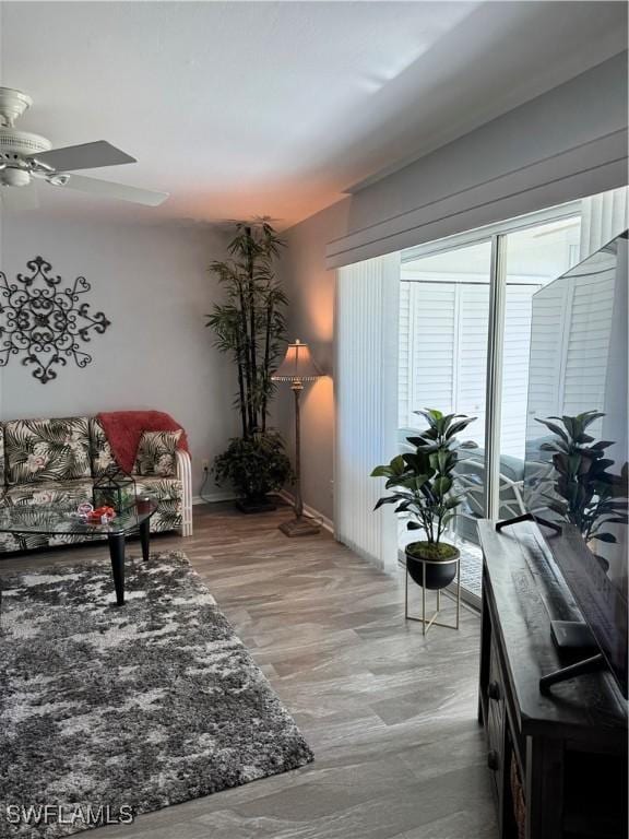 living room with ceiling fan and hardwood / wood-style floors