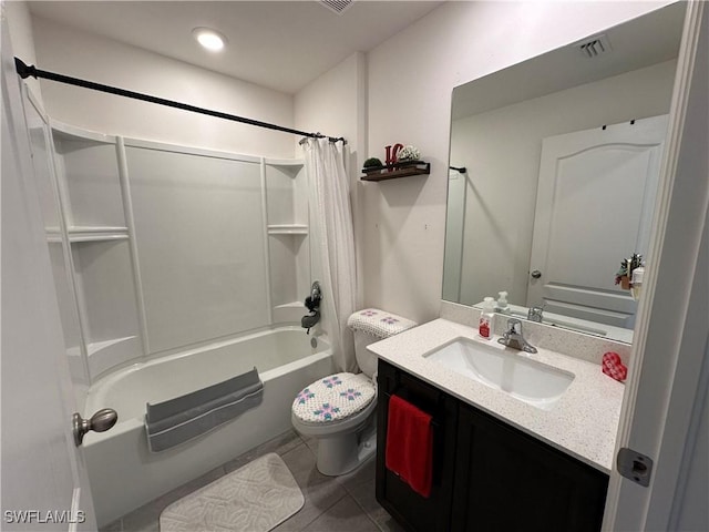 full bathroom with shower / tub combo, vanity, tile patterned floors, and toilet