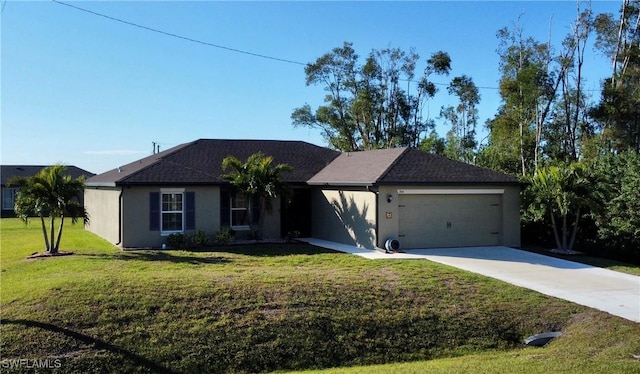 single story home featuring a garage and a front yard