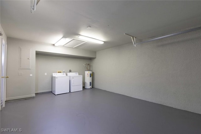 clothes washing area featuring electric water heater and washing machine and clothes dryer