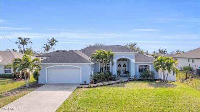 single story home with a garage and a front lawn