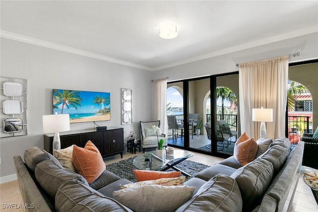 living room featuring ornamental molding and light tile patterned floors