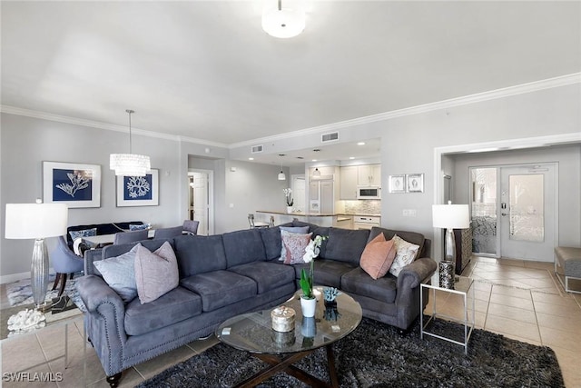 tiled living room featuring crown molding