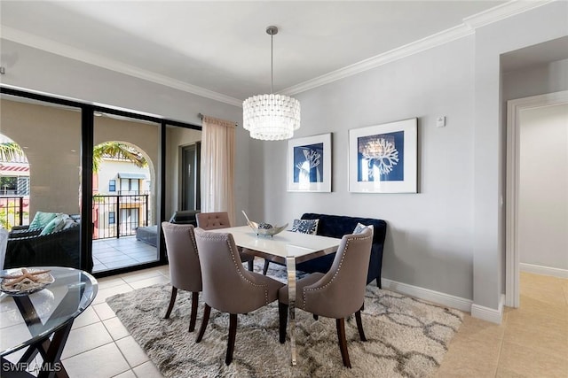 tiled dining room with crown molding and an inviting chandelier