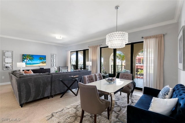 tiled dining room with a notable chandelier and crown molding