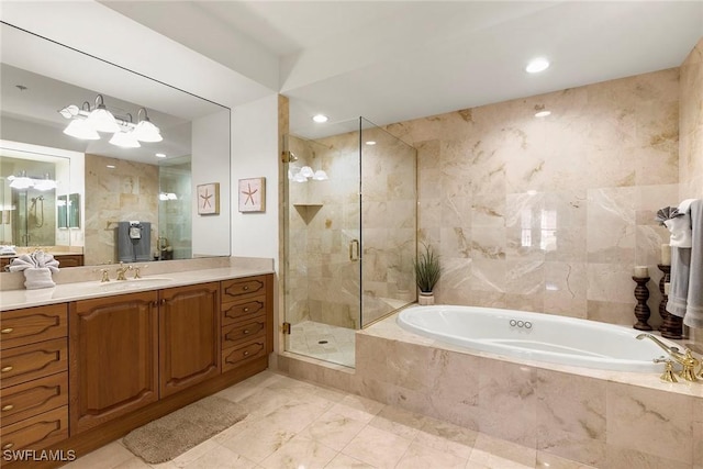 bathroom with vanity, plus walk in shower, and tile walls