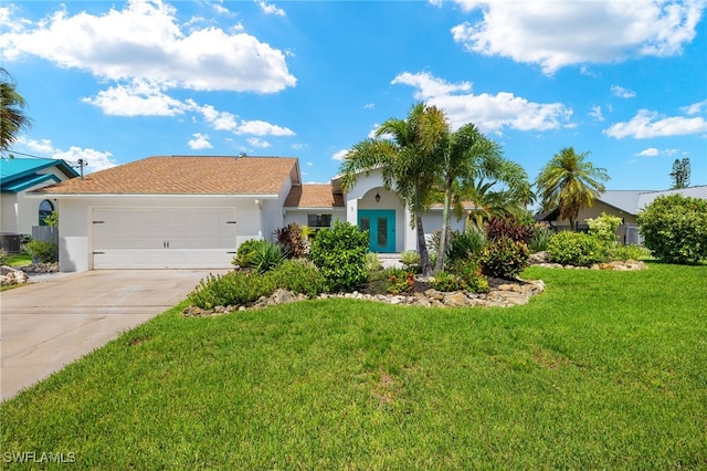 view of front of home featuring a garage, cooling unit, and a front lawn