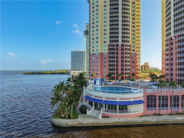 view of building exterior with a water view