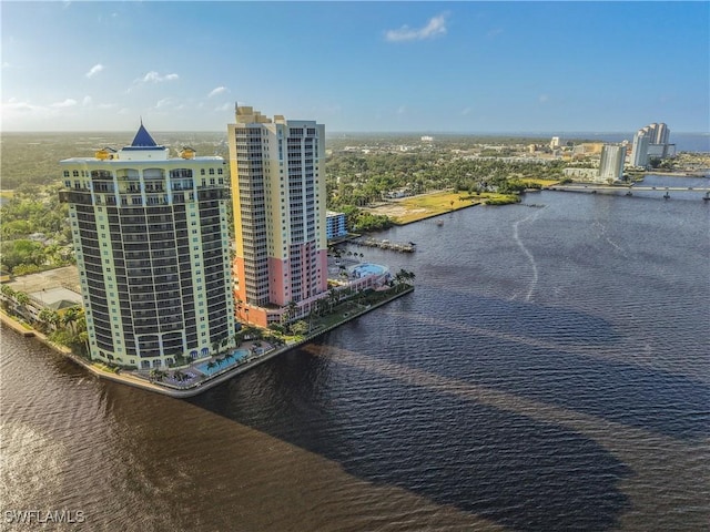 birds eye view of property featuring a water view