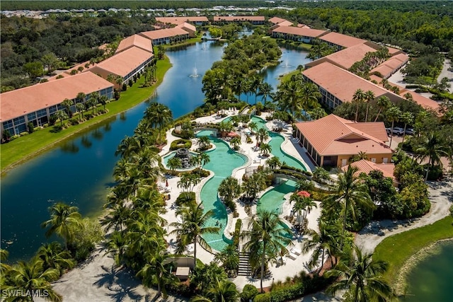 bird's eye view with a water view