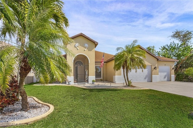 mediterranean / spanish-style house with a garage and a front yard