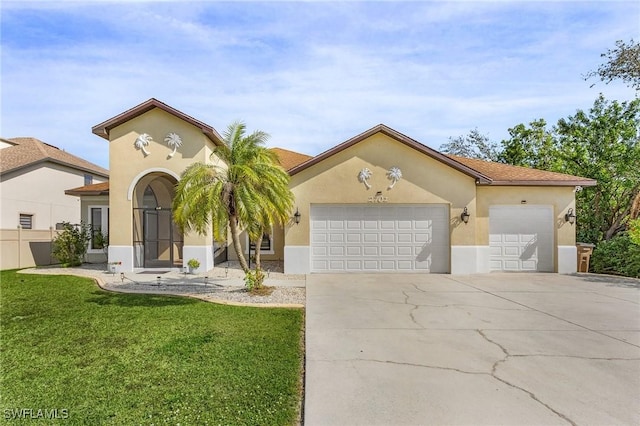 mediterranean / spanish-style home featuring a garage and a front yard