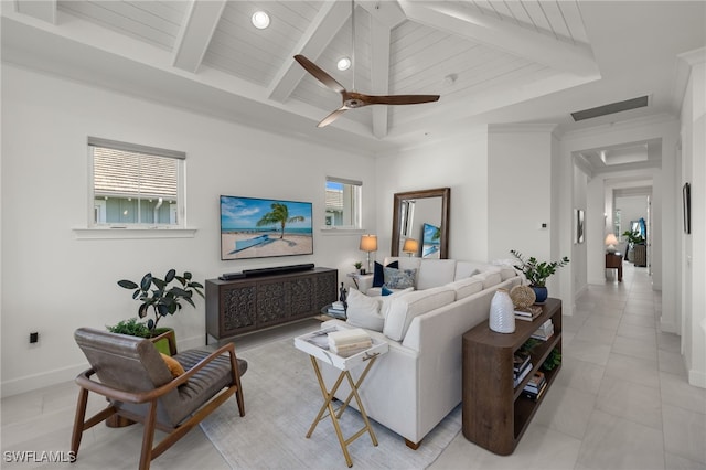 living room with beam ceiling, light tile patterned floors, baseboards, wood ceiling, and ceiling fan