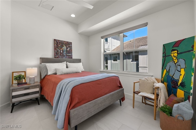 bedroom featuring recessed lighting and baseboards