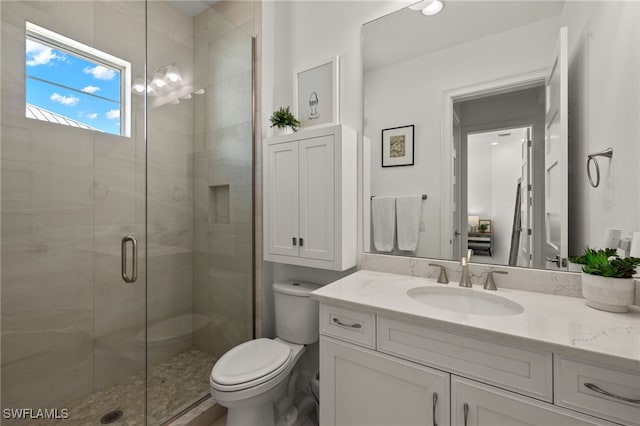 full bathroom featuring a shower stall, toilet, and vanity