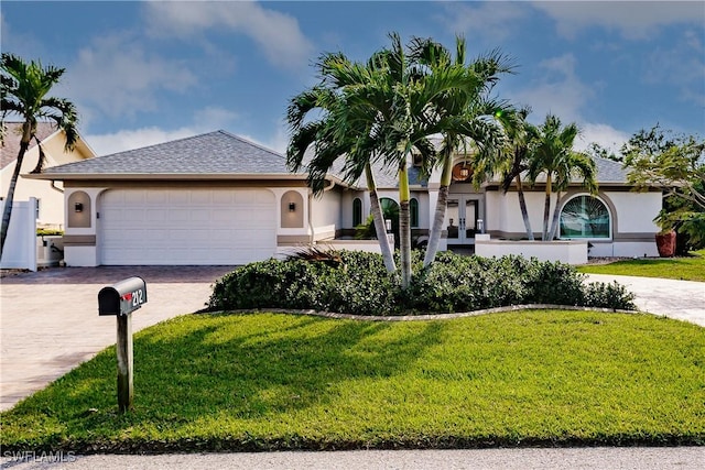 ranch-style home with a front yard and a garage