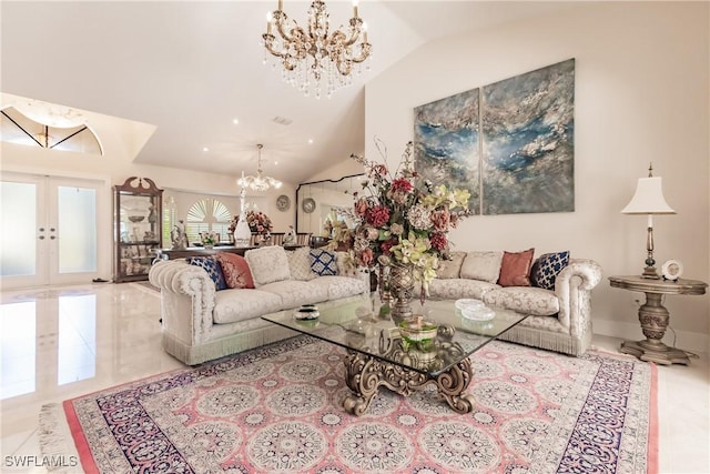 living room with an inviting chandelier, french doors, and vaulted ceiling