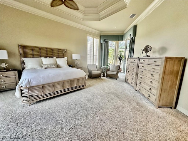 9411 Monteverdi Way, Fort Myers, FL 33912 - bedroom featuring carpet flooring, ornamental molding, a tray ceiling, and a ceiling fan