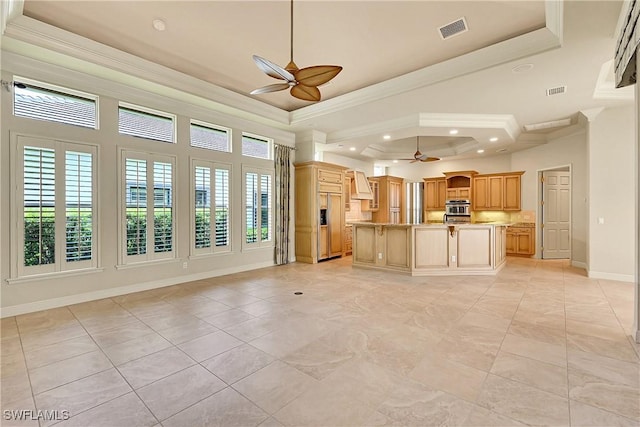 9411 Monteverdi Way, Fort Myers, FL 33912 - unfurnished living room with a ceiling fan, crown molding, healthy amount of natural light, a tray ceiling, and recessed lighting