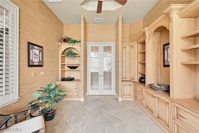 9411 Monteverdi Way, Fort Myers, FL 33912 - doorway featuring french doors, a ceiling fan, built in features, and light tile patterned flooring