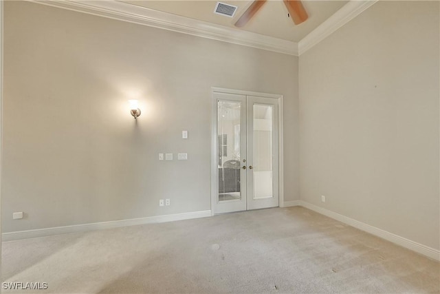 9411 Monteverdi Way, Fort Myers, FL 33912 - spare room featuring ornamental molding, light colored carpet, french doors, a ceiling fan, and baseboards