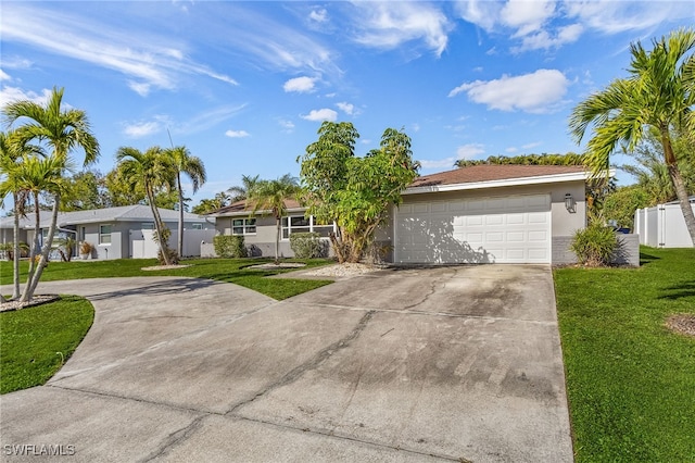 ranch-style home with a garage and a front yard