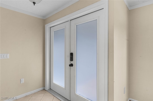 doorway to outside featuring light tile patterned floors and crown molding