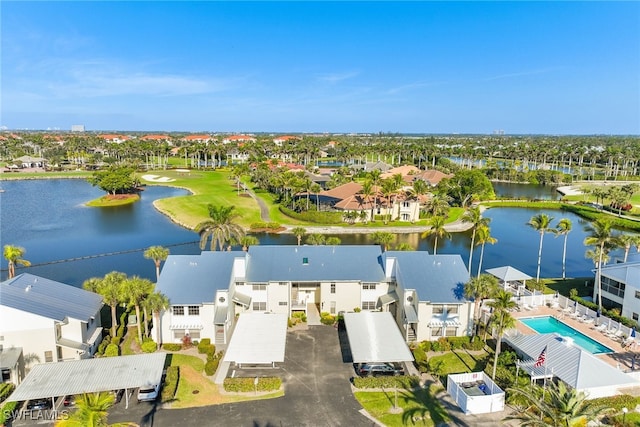 drone / aerial view with a water view