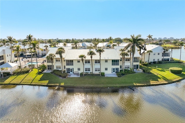 drone / aerial view featuring a water view