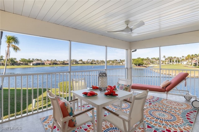 sunroom / solarium featuring a water view, a healthy amount of sunlight, wood ceiling, and ceiling fan