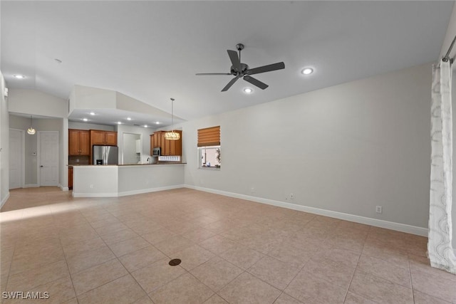 unfurnished living room with vaulted ceiling, recessed lighting, a ceiling fan, and baseboards