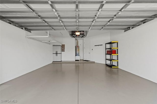 garage with a garage door opener, gas water heater, and electric panel