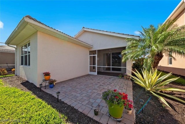 back of house featuring stucco siding, a sunroom, and a patio