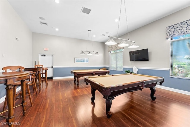 game room with dark wood-type flooring and billiards