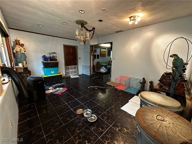 living room with a chandelier