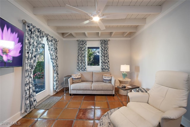 tiled living room featuring beam ceiling, wood ceiling, and ceiling fan