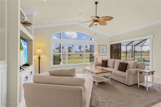 11860 Princess Grace Ct, Cape Coral, FL 33991 - living room featuring crown molding, lofted ceiling, and a wealth of natural light