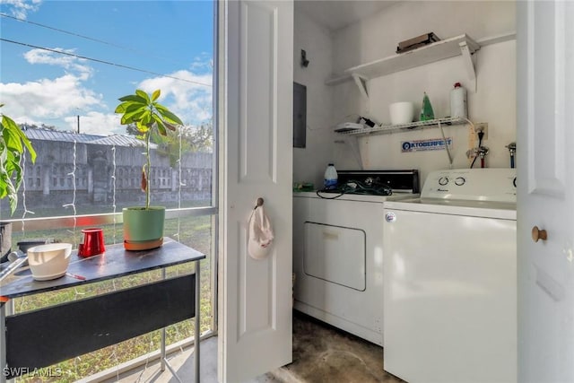 laundry room with washing machine and dryer and electric panel