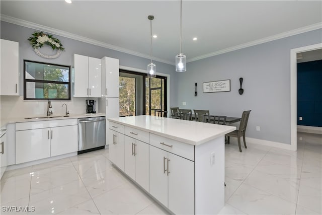 kitchen with sink, white cabinetry, dishwasher, a kitchen island, and pendant lighting