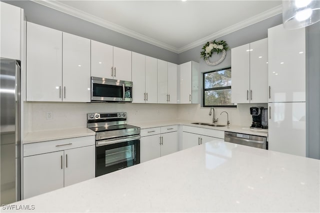 kitchen with sink, ornamental molding, white cabinets, and appliances with stainless steel finishes