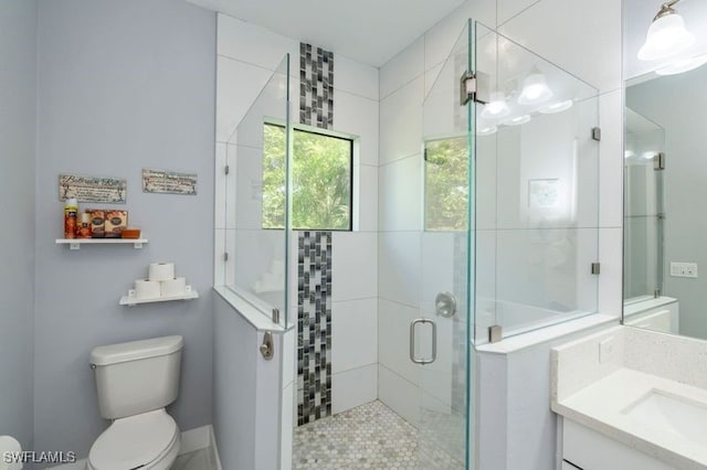 bathroom with vanity, toilet, and walk in shower