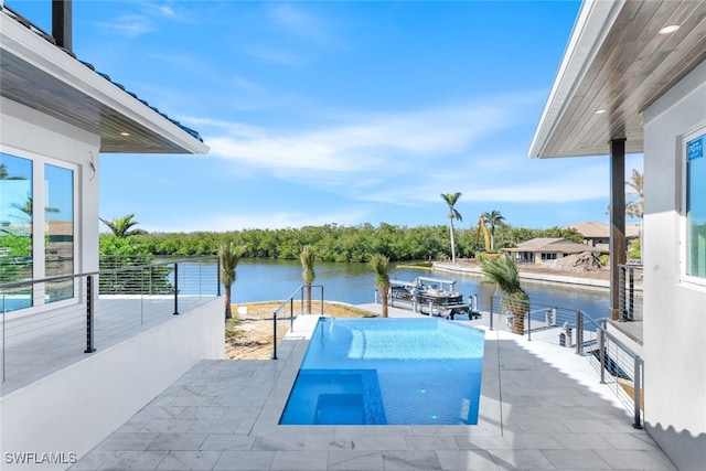 view of patio featuring a water view