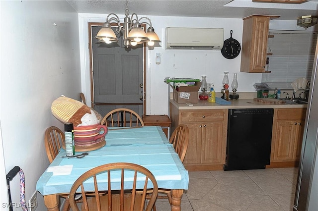 kitchen featuring pendant lighting, a wall mounted AC, black dishwasher, a textured ceiling, and light tile patterned flooring