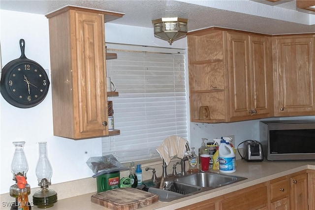 15323 E State Road 78, Okeechobee, FL 34974 - kitchen with light countertops, brown cabinets, stainless steel microwave, and a sink